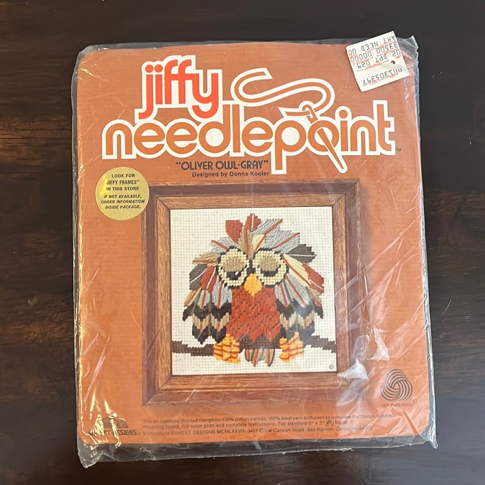Vintage. Jiffy Needlepoint Kit.  Oliver Owl Gray. Designed by Donna Kooler.